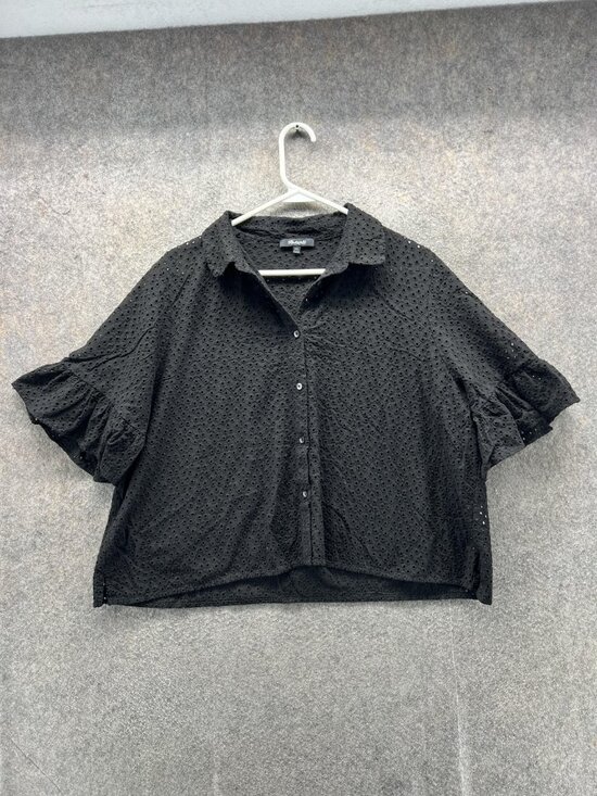 Madewell Tops - Madewell Blouse Womens XXL Black Eyelet Button Front Flutter Sleeve Cropped
